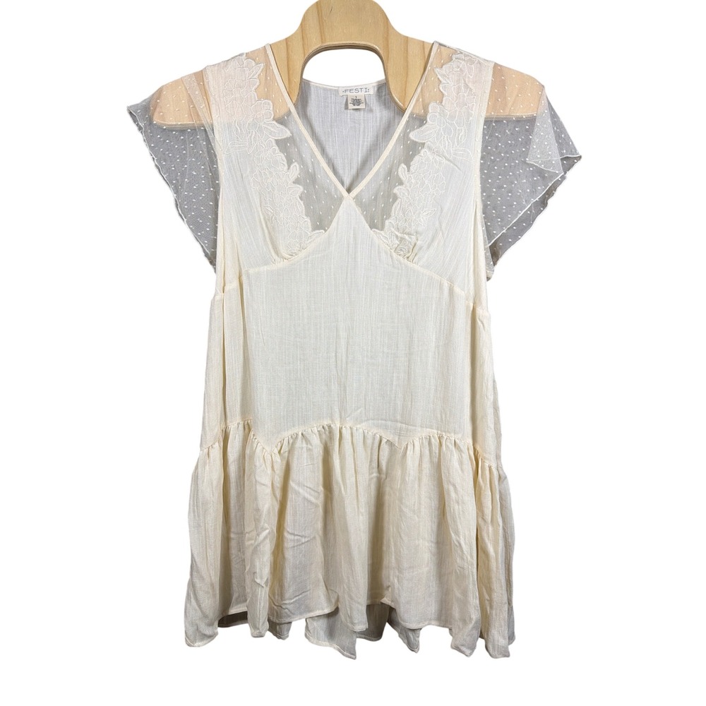 Festi Top Womens 1 Babydoll Cream Lace Mesh Flutter Sleeve Embroidery EXCELLENT
